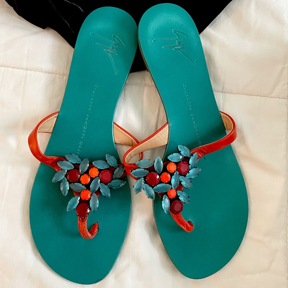 Giuseppe Zanotti Slides Leather Coral Jeweled Turquoise Sandals Size 7